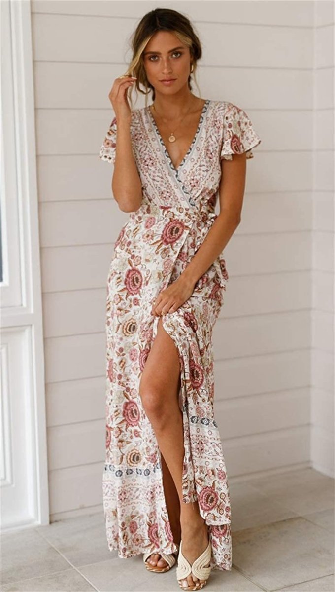 V Neck Wrap Floral Short Sleeve Split Belted Beach Long Dress - Deb Shops