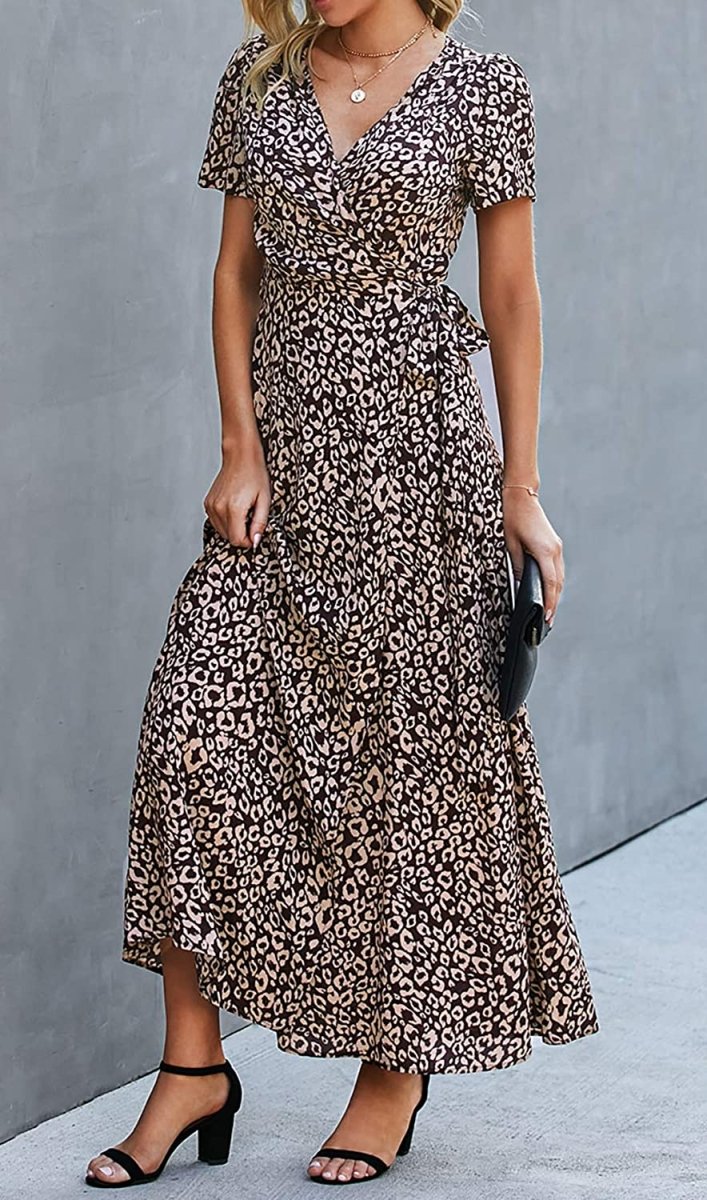 V Neck Wrap Floral Short Sleeve Split Belted Beach Long Dress - Deb Shops