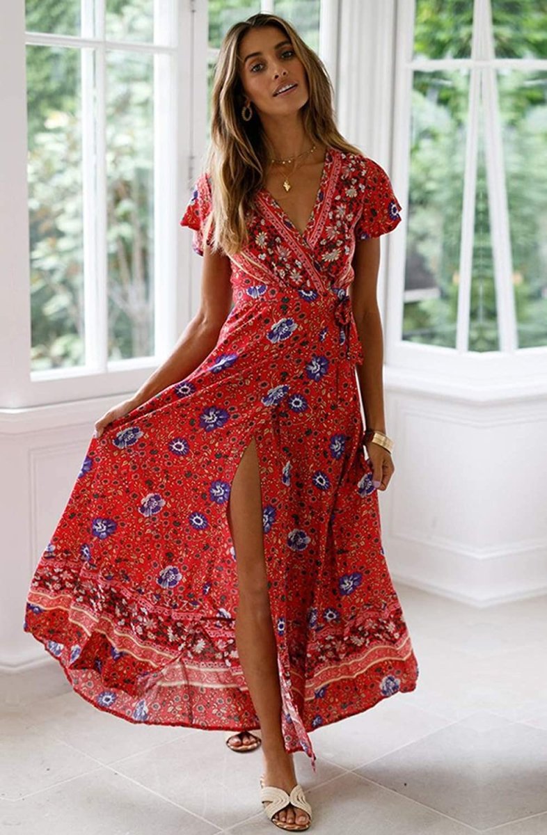 V Neck Wrap Floral Short Sleeve Split Belted Beach Long Dress - Deb Shops