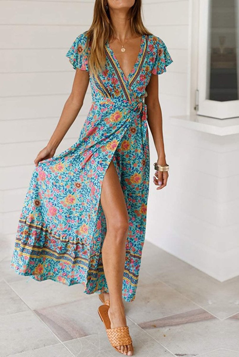 V Neck Wrap Floral Short Sleeve Split Belted Beach Long Dress - Deb Shops