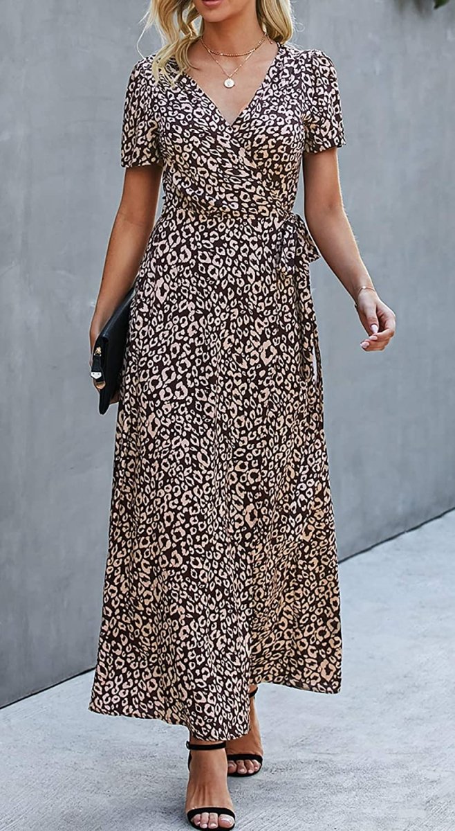 V Neck Wrap Floral Short Sleeve Split Belted Beach Long Dress - Deb Shops