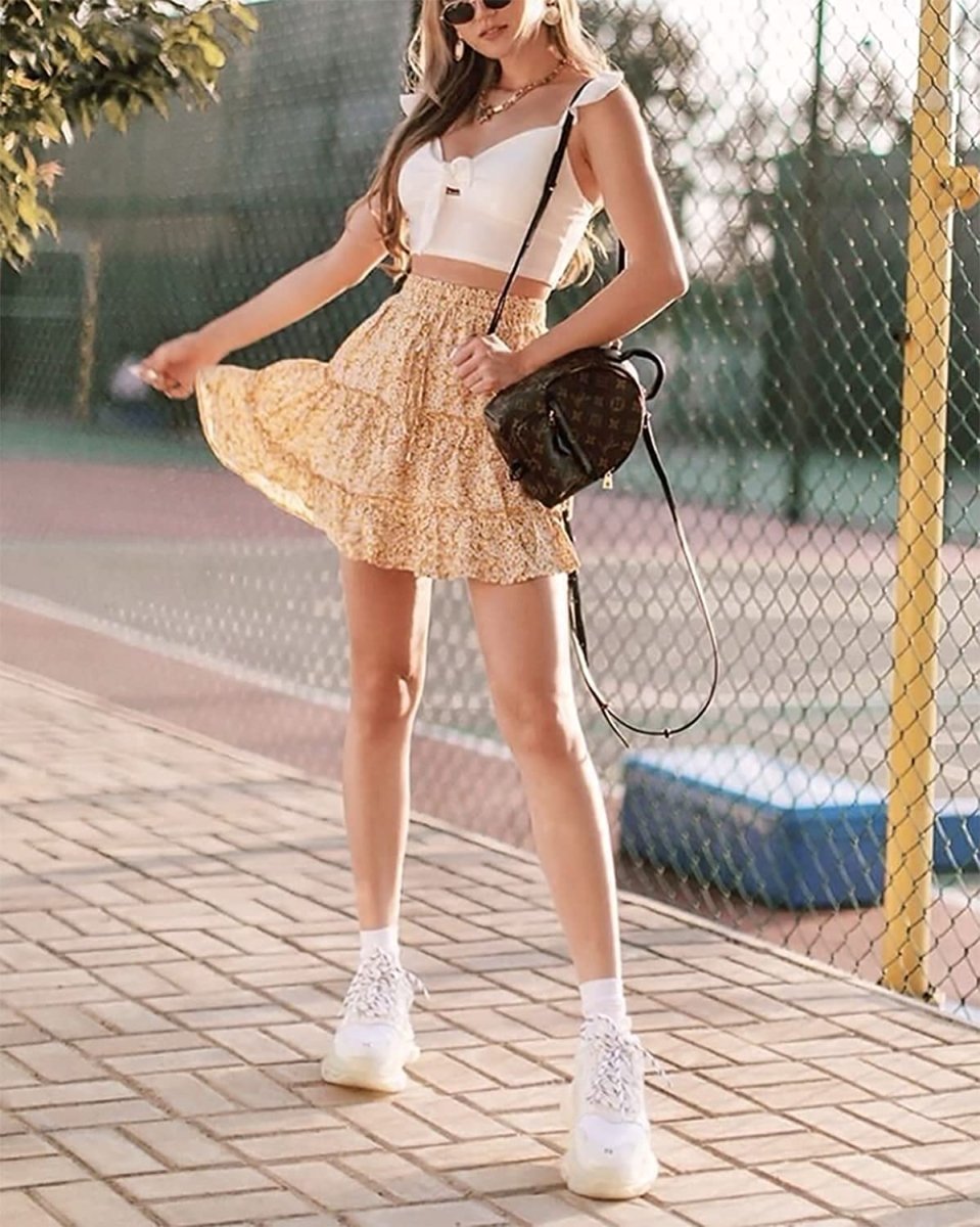 Women's Floral Flowy Skirt, Hight Waist Tiered Ruffle Mini Skirt with Drawstring - Deb Shops