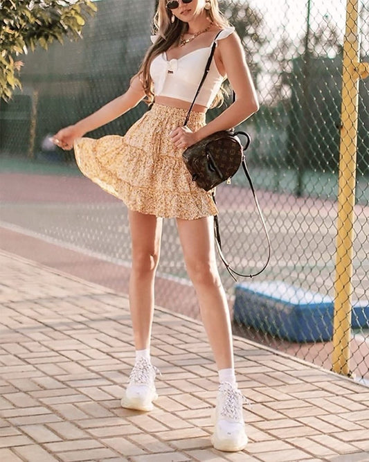 Women's Floral Flowy Skirt, Hight Waist Tiered Ruffle Mini Skirt with Drawstring - Deb Shops