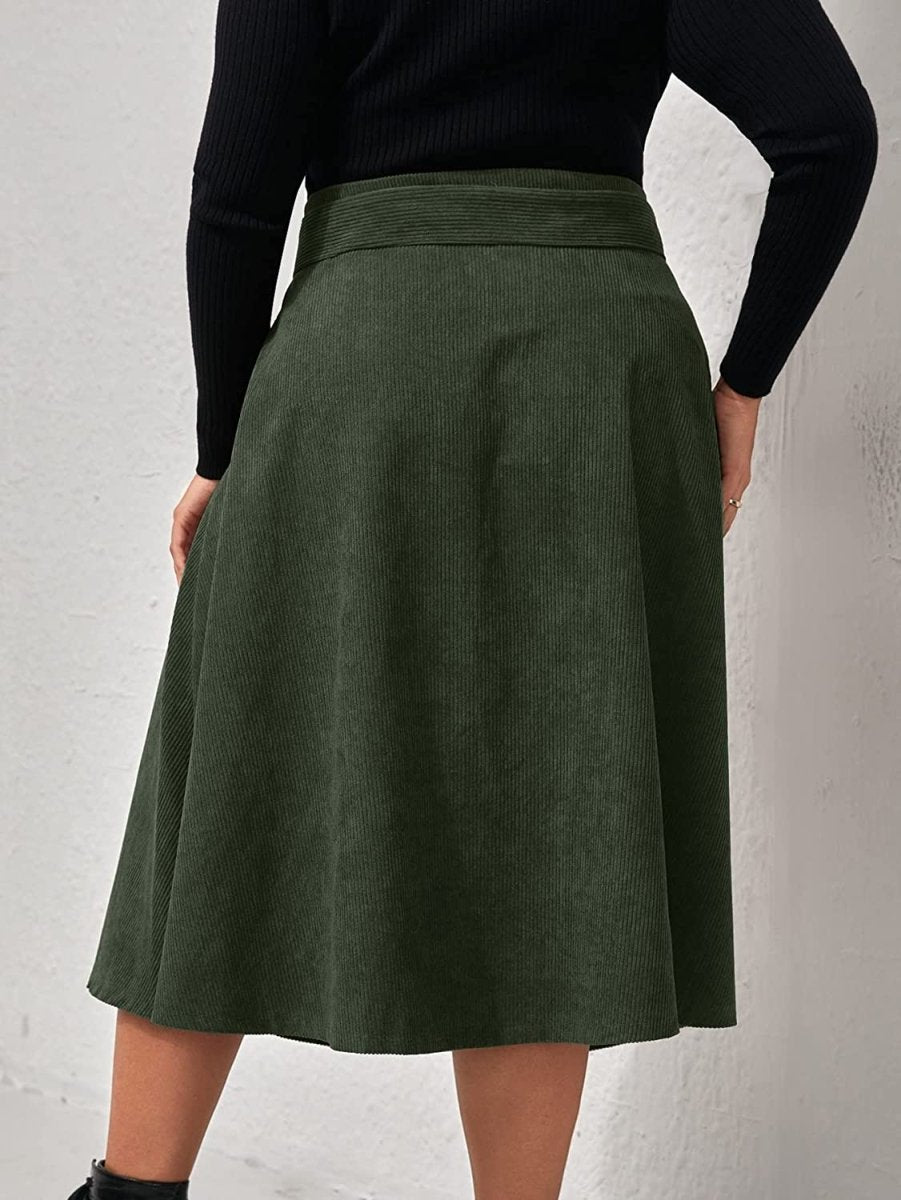 Women's High Waist Button Front Belted Midi Flare Skirt - Deb Shops