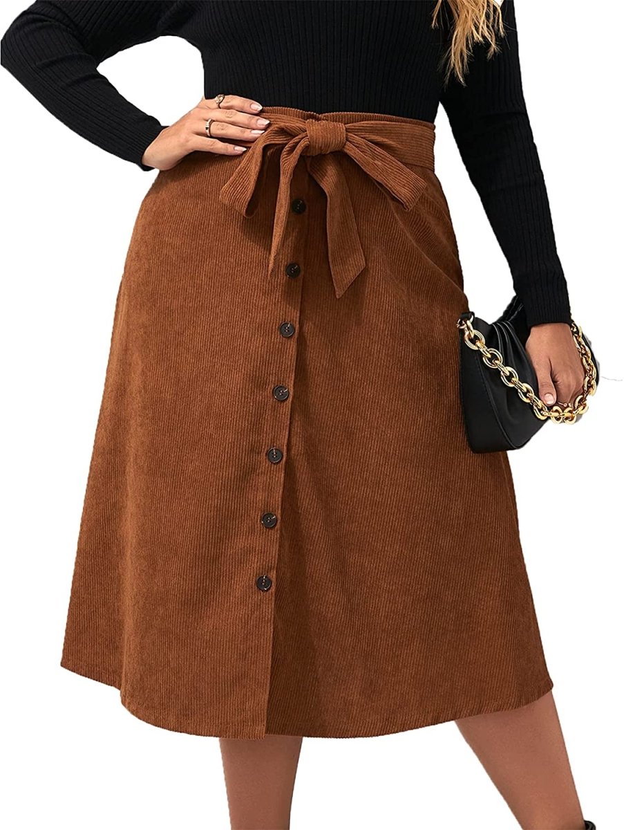 Women's High Waist Button Front Belted Midi Flare Skirt - Deb Shops