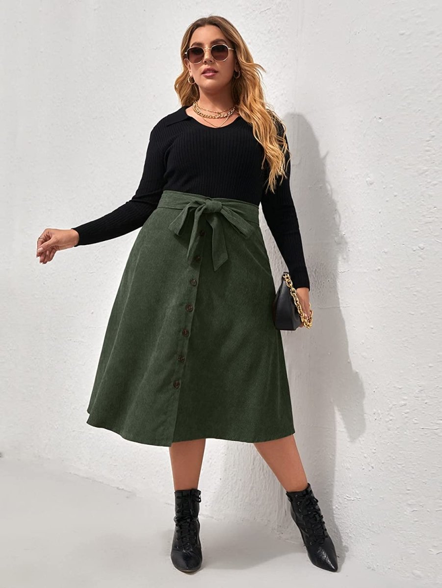 Women's High Waist Button Front Belted Midi Flare Skirt - Deb Shops