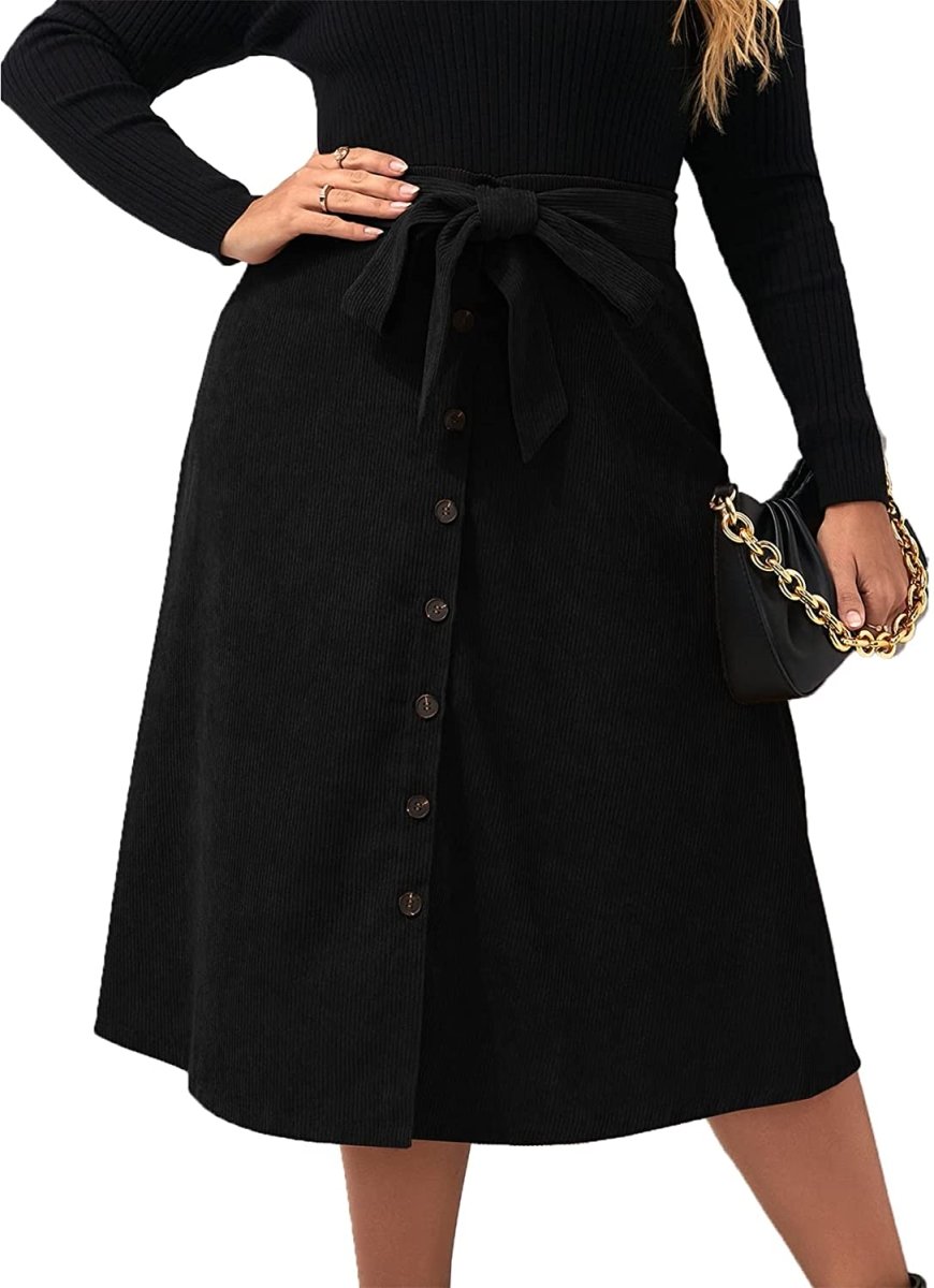 Women's High Waist Button Front Belted Midi Flare Skirt - Deb Shops