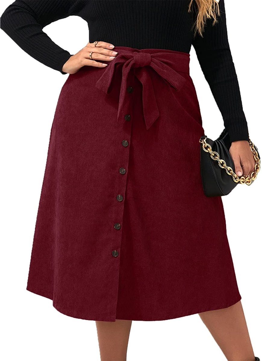 Women's High Waist Button Front Belted Midi Flare Skirt - Deb Shops