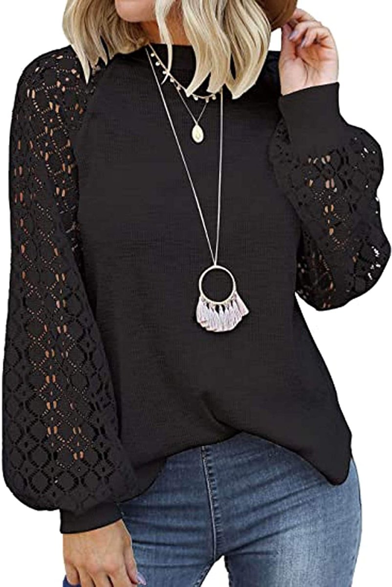 Women's Long Sleeve Lace Hollow Out Waffle Loose Blouse - Deb Shops