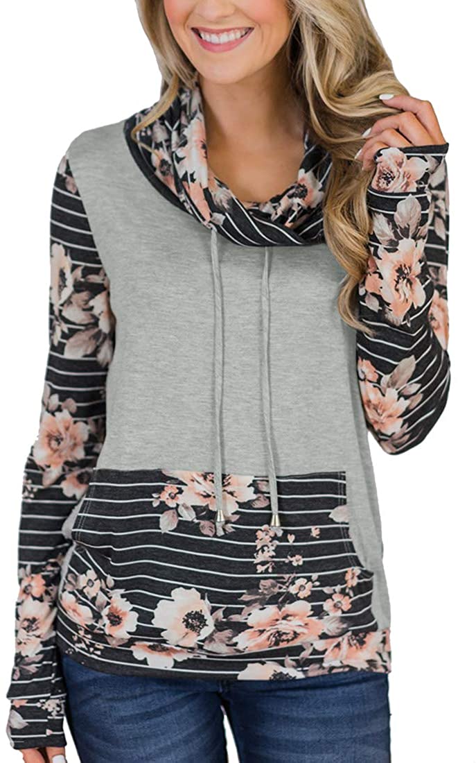 Women's Striped Floral Cowl Neck Pockets Sweatshirt - Deb Shops