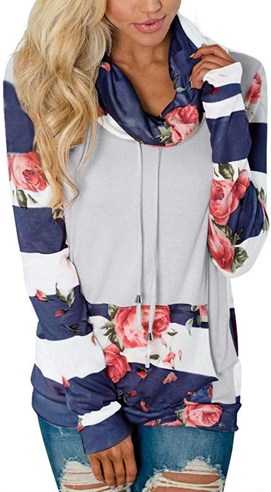 Women's Striped Floral Cowl Neck Pockets Sweatshirt - Deb Shops