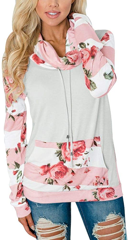 Women's Striped Floral Cowl Neck Pockets Sweatshirt - Deb Shops