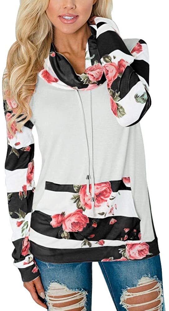 Women's Striped Floral Cowl Neck Pockets Sweatshirt - Deb Shops