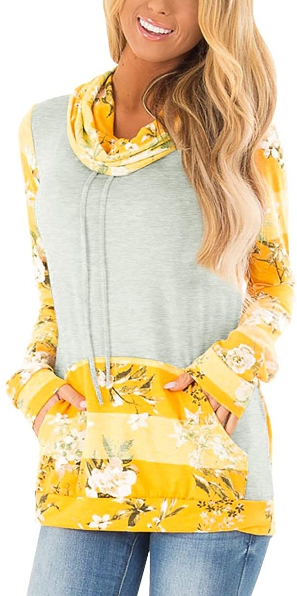 Women's Striped Floral Cowl Neck Pockets Sweatshirt - Deb Shops