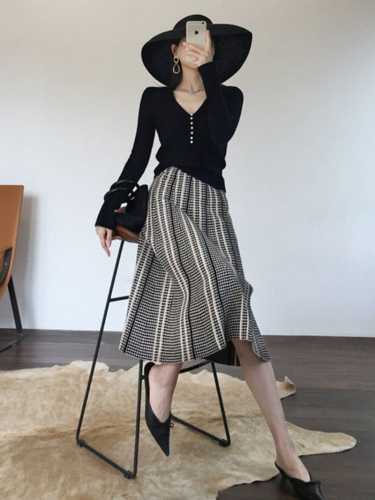 Wool Striped Plaid High Waist Skirt - Deb Shops